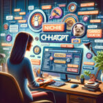ChatGPTを使ったブログトラフィックのためのニッチキーワード探し、コンピュータで作業する女性とキーワードが浮かぶ情報的で魅力的なアイキャッチ画像