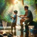 自然の中で魚を捕るコツ、大人と子供が川で釣りをしている様子を描いた情報的で魅力的なアイキャッチ画像
