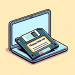 モダンなラップトップに接続されたフロッピーディスクドライブに部分的に挿入された、'Floppy Disk Info'とラベル付けされた3.5インチフロッピーディスクのシンプルで魅力的なイラスト